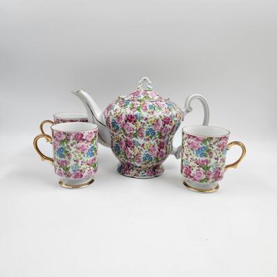 VINTAGE FLORAL ENESCO TEAPOT & 3 TEA CUPS