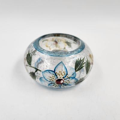 HAND PAINTED FLOWERS CRACKED GLASS VOTIVE CANDLE HOLDER
