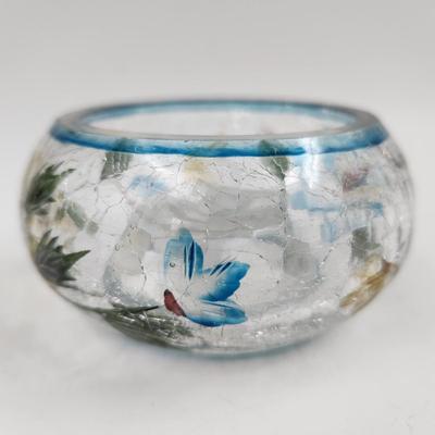 HAND PAINTED FLOWERS CRACKED GLASS VOTIVE CANDLE HOLDER