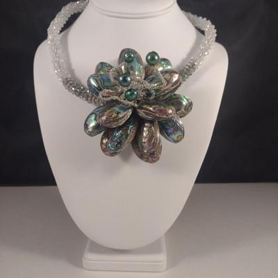 Floral Design Abalone and Beaded Necklace (#65)