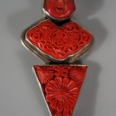 CHINESE CINNABAR PIN/ PENDANT SET IN STERLING