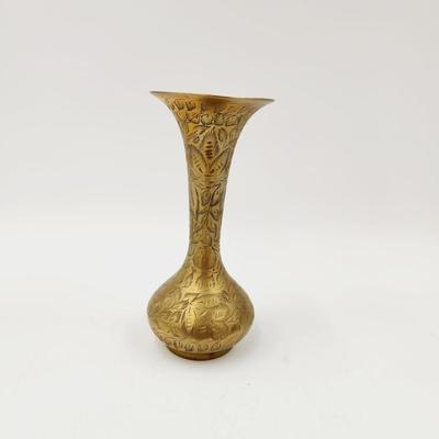 BRASS LONG NECK ETCHED VASE