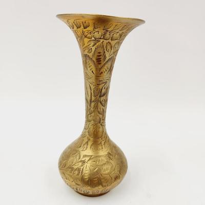 BRASS LONG NECK ETCHED VASE