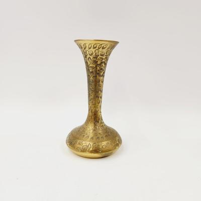 SOLID BRASS ETCHED 7 IN LONG NECK VASE