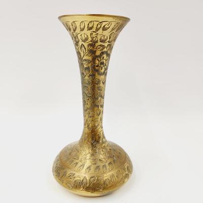 SOLID BRASS ETCHED 7 IN LONG NECK VASE
