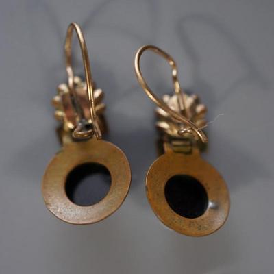 ANTIQUE VICTORIAN ONYX WITH SHELL CAMEO DROP EARRINGS ROSE GOLD