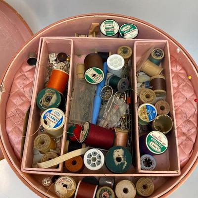 Vintage Round Hat Box Style Sewing Basket with Notions & Accessories