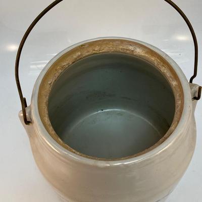 Vintage Monmouth Stoneware Pottery Milk Bucket Crock with Metal Wire Handle No Lid