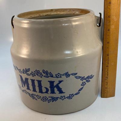 Vintage Monmouth Stoneware Pottery Milk Bucket Crock with Metal Wire Handle No Lid