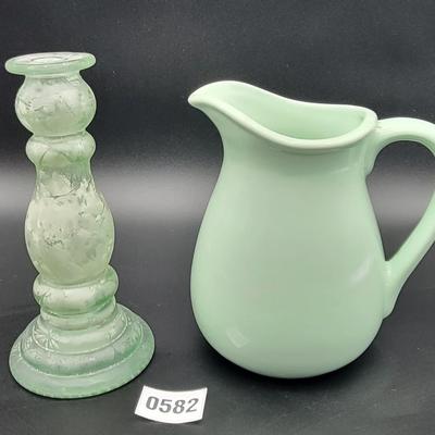 Green Candle holder and pitcher