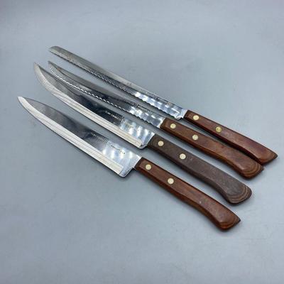 Set of 4 Wood Handled Flint Stainless Vanadium USA Kitchen Knives Cutlery