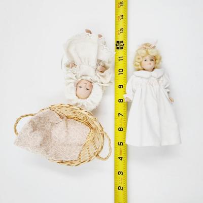 2 SMALL VINTAGE PORCELAIN DOLLS W/ BASKET