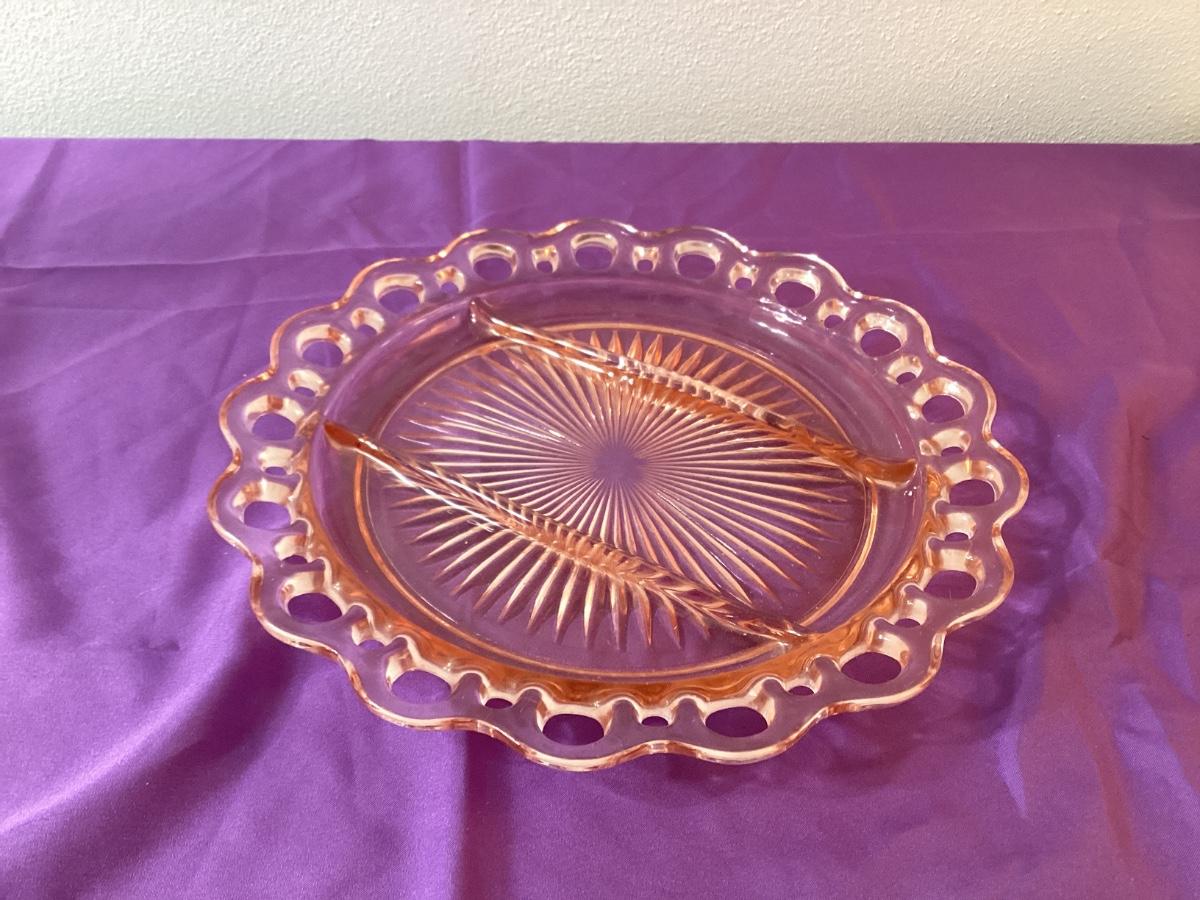 Antique pink depression glass divided dish Starburst and Lace