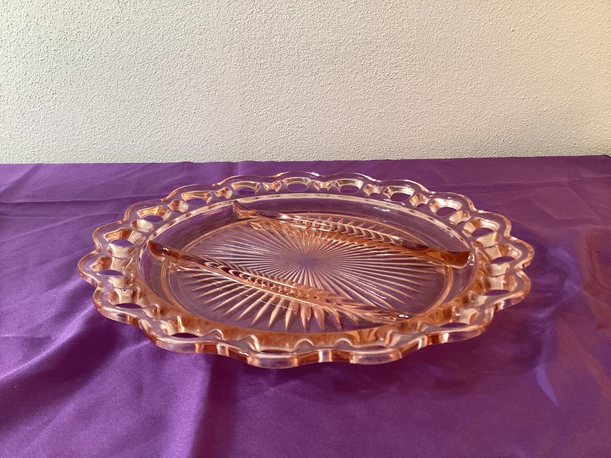 Antique pink depression glass divided dish Starburst and Lace
