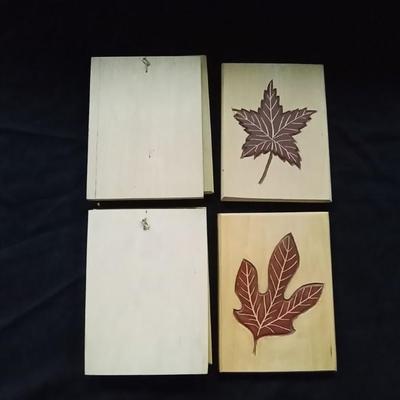 WOOD PLAQUES WITH WOODEN CARVED INLAID LEAVES