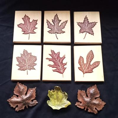 WOOD PLAQUES WITH WOODEN CARVED INLAID LEAVES