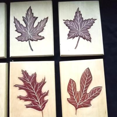 WOOD PLAQUES WITH WOODEN CARVED INLAID LEAVES