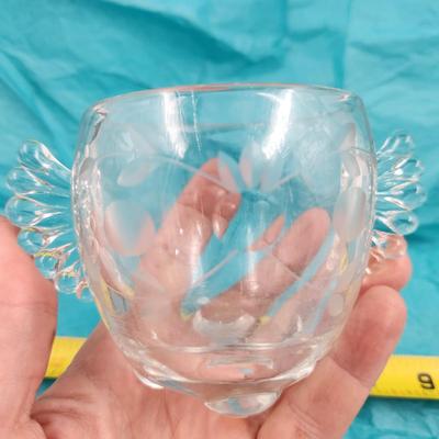VINTAGE ETCHED GLASS DOUBLE HANDLED SUGAR CONTAINER