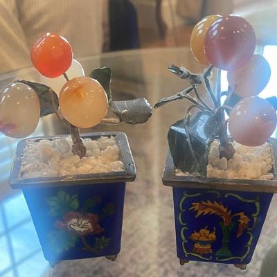 Pair of Small CloisonnÃ© Pots with Stone Flowers & jade leaves