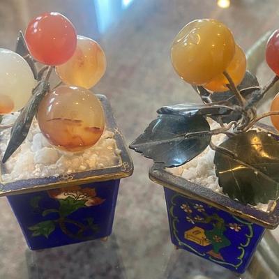Pair of Small CloisonnÃ© Pots with Stone Flowers & jade leaves