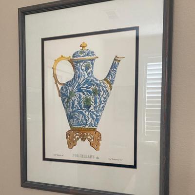 Two Framed Blue Porcelain Teapot and Teacup Prints