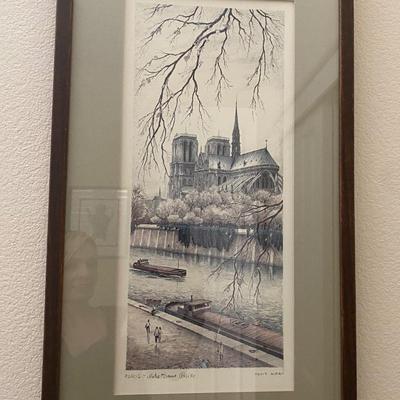 Two Framed Scenes of Paris Prints: Notre Dame and the Arc de Triumph 
