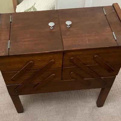 Vintage wood concertinia sewing chest on legs