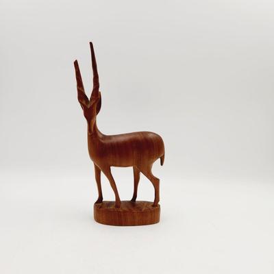 MID-CENTURY HAND CARVED TEAK WOOD ANTELOPE W/ BROKEN ANTLER