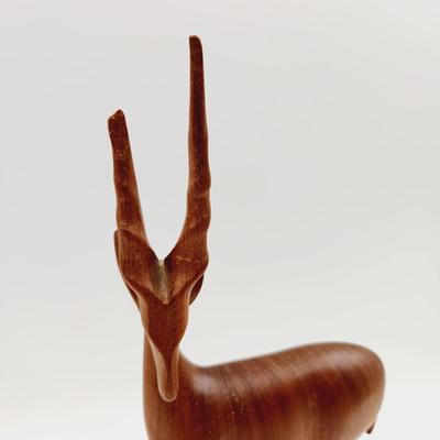 MID-CENTURY HAND CARVED TEAK WOOD ANTELOPE W/ BROKEN ANTLER