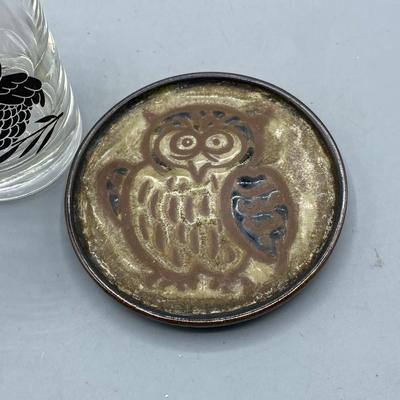 Pair of Owl Decor Items Glass Candle Holder Trinket Plate Coaster