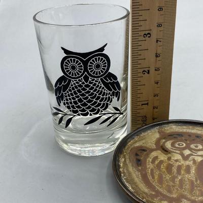Pair of Owl Decor Items Glass Candle Holder Trinket Plate Coaster