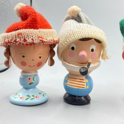 Set of 4 Vintage Sevi Painted Wooden Egg Cups with Beanie Hats