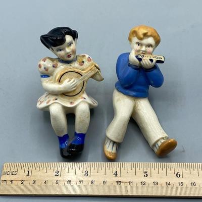 Pair of Vintage Ceramic Shelf Sitter Musical Instrument Playing Figurines Occupied Japan