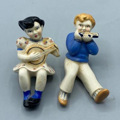Pair of Vintage Ceramic Shelf Sitter Musical Instrument Playing Figurines Occupied Japan