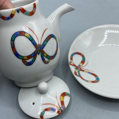 Colorful Butterfly Pattern Miniature Teapot with Saucer