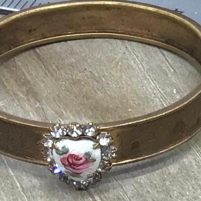 Vintage Hinged Childrens Cuff porcelain Rose Faux Diamonds scroll etching