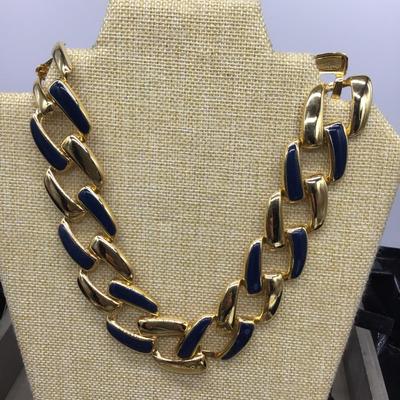 Navy Blue Chunky Gold Tone Statement Necklace
