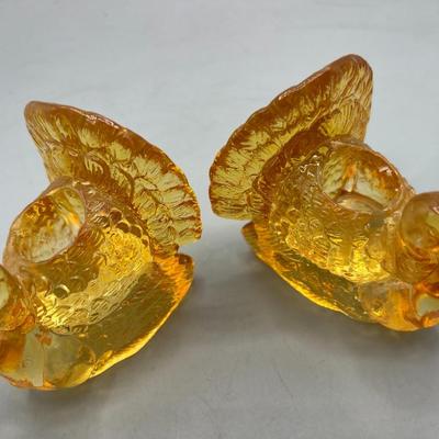 Pair of Vintage Amber Glass Turkey Candlestick Holders