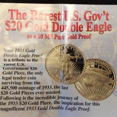 Two Replica Coins 1933 Twenty Dollars 24K GOLD PLATED Lot #0798