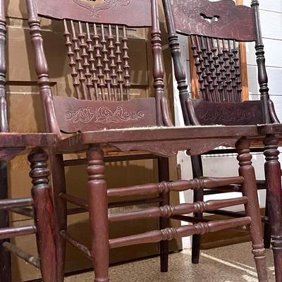 Antique press back turned spindle chairs