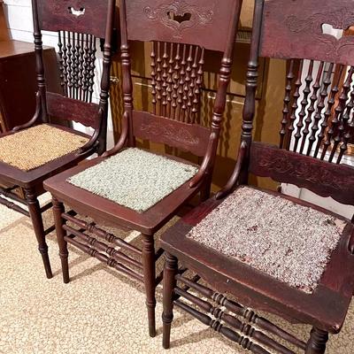 Antique press back turned spindle chairs