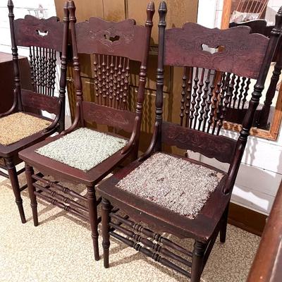 Antique press back turned spindle chairs