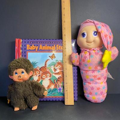LOT 47C: Vintage Monchichi Thumb Sucking Plush Baby Doll Monkey , Playskool Gloworm & Childrens Book