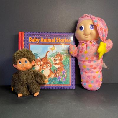 LOT 47C: Vintage Monchichi Thumb Sucking Plush Baby Doll Monkey , Playskool Gloworm & Childrens Book
