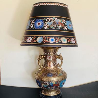 LOT 132R: Enamel & Brass Lamp w/Matching Punched Lamp Shade