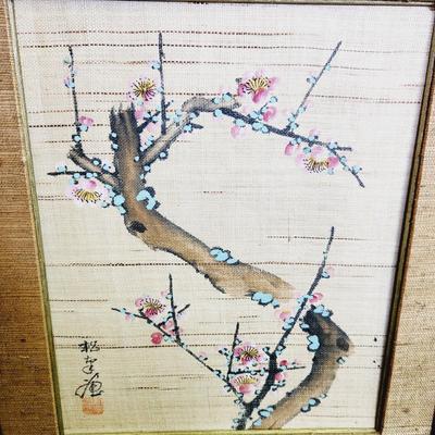VINTAGE ORIENTAL ORIGINAL CHERRY BLOSSOM FRAMED ART PIECE