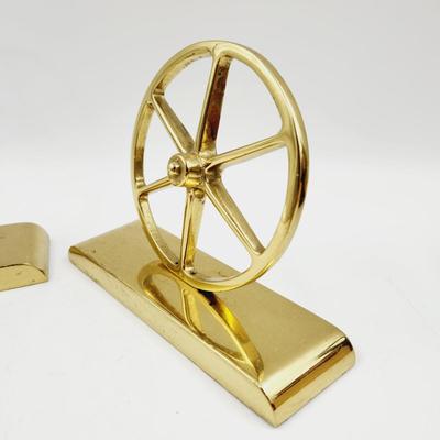 VINTAGE BRASS WHEEL BOOK ENDS - STAMPED