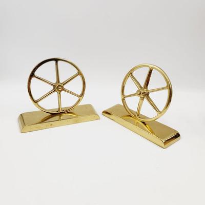 VINTAGE BRASS WHEEL BOOK ENDS - STAMPED