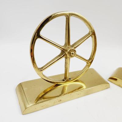 VINTAGE BRASS WHEEL BOOK ENDS - STAMPED