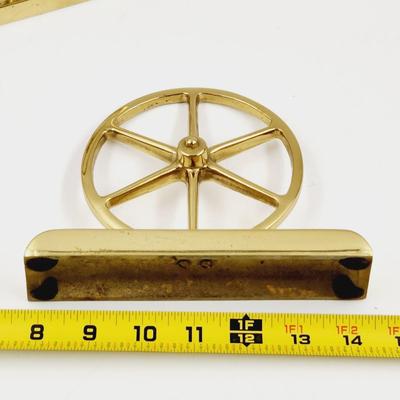 VINTAGE BRASS WHEEL BOOK ENDS - STAMPED